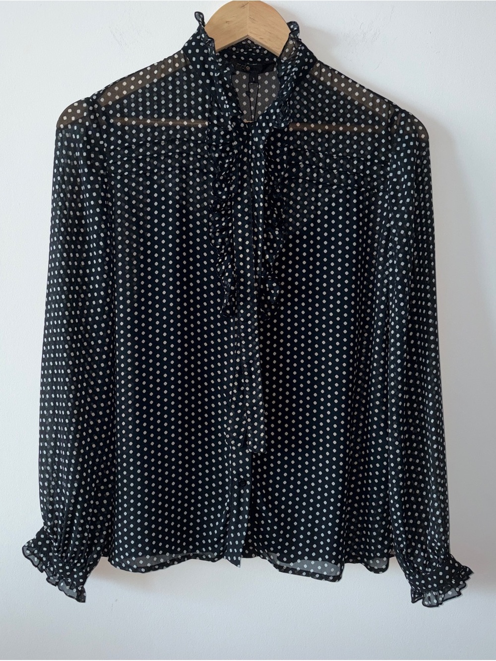 Maje Polka Dot Tie-Neck Long Sleeve Blouse